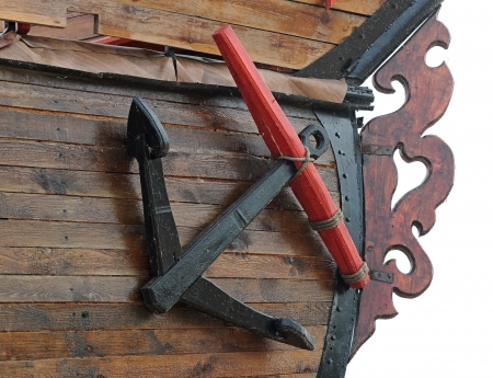 The Old wooden anchor on wood wall background