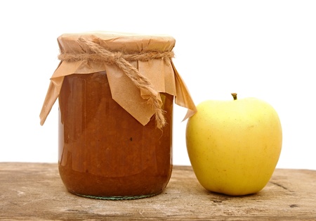 Apple jam on wooden tableの写真素材