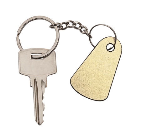silver key with blank tag isolated on white space for your text 