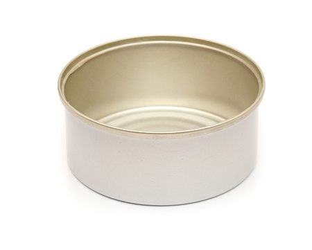 Open empty metal can isolated on white background 
