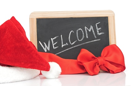 santa hat on small blackboardの写真素材