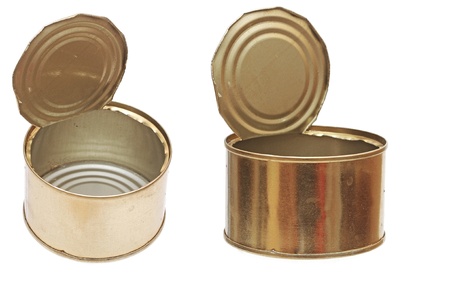 opened empty food metal can isolated on white 