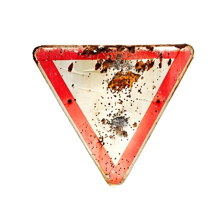 old rusty road sign give way traffic isolated on white background  の写真素材