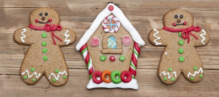 Christmas gingerbread cookies on wooden board 