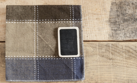 Menu blackboard top view on table with colorful napkinの写真素材