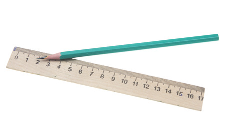 pencil and ruler isolated on a white backgroundの写真素材