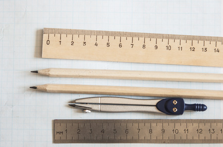 Geometry set with compass, ruler on graph paperの写真素材