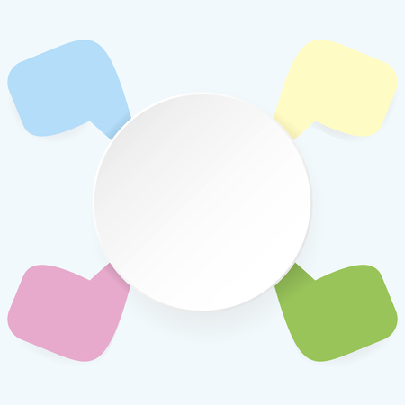 Illustration of white blank circle in the centre with four color speech bubbles.のイラスト素材