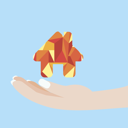 hand holding a colorful house. Real estate concept. Vector Illustration. のイラスト素材