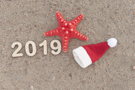 Starfish in Santa Claus hat and seashells on a summer beach. Merry Christmas.の写真素材