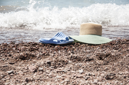 flip flops sandal on beach and sea wave.Summer holiday.の写真素材