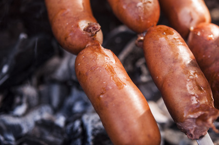 sausages on skewers on the grill. Picnic in the forestの写真素材