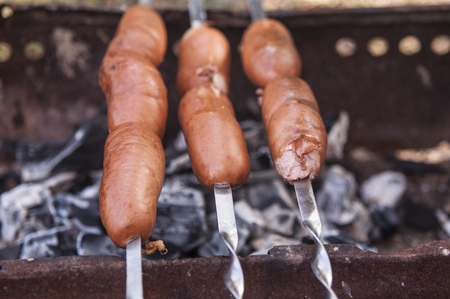 sausages on skewers on the grill. Picnic in the forestの写真素材