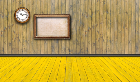 Empty vintage interior with wooden  wall, clock and blank frameの写真素材