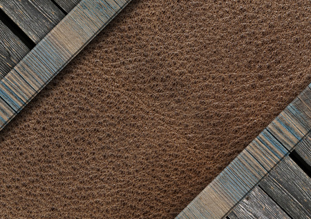 leather background framed by old wooden planksの写真素材
