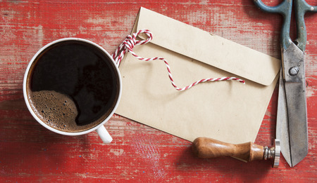 Vintage stationery elements on wooden table backgroundの写真素材
