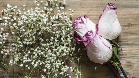 roses bouquet over wooden table. Top view with copy space. 