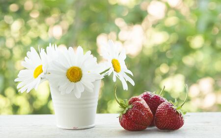 Summer gardening background. ripe strawberries and bouquet of white flowers on the old background with copy spaceの写真素材