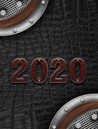 New year 2020 wood number on leather background. Mock up banner space for display or montage of...