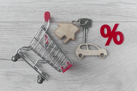 Small supermarket grocery push cart for shopping toy miniature house and car on white wood...