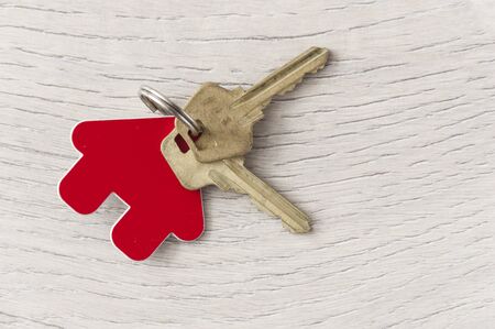 Symbol of the house with silver key on vintage wooden background 