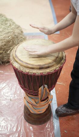 Closeup wooden african drum. Djembe african traditional percussion