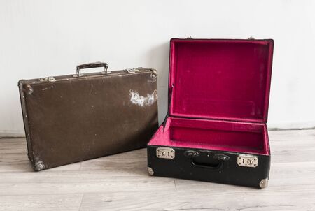 Vintage  weathered old classic travel leather suitcases. Travel luggage concept.