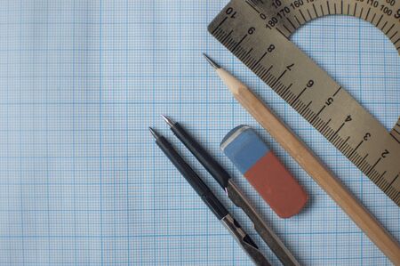 Mathematics geometry tool for student in math class with copy space for text on paper graph background. Mathematics conceptの写真素材