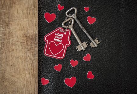 Close up of house keys on a house shaped keychainの写真素材