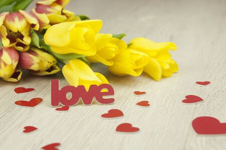 Bouquet of colorful tulips on a white wooden background with copy space for your text and announcementの写真素材