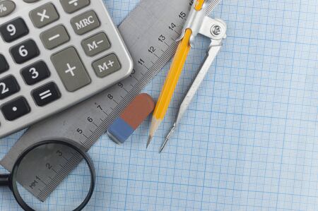 Mathematics geometry tool for student in math class with copy space for text on paper graph background. Mathematics conceptの写真素材