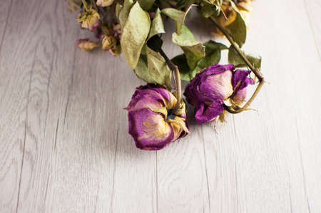 bouquet dried roses on wood background with copy spaceの写真素材