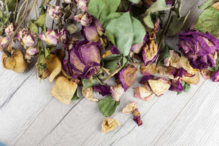bouquet dried roses on wood background with copy space