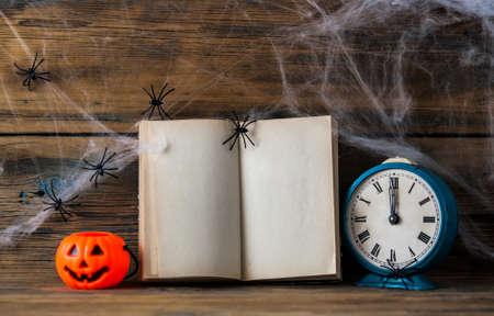 open old book and spiderweb over wood wall. Close up view of cute Halloween decorations.の写真素材