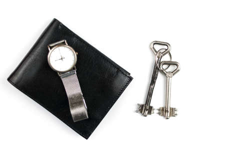 Stylish leather wallets on white background