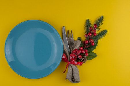 Top view of white plate with napkin. Christmas table setting. Flat lay, top view.の写真素材