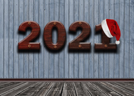 wooden wall in room background texture with hanging wood text 2021 and Santa hat