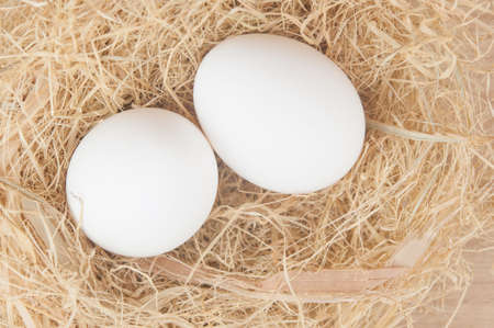 chicken eggs in a basket with straw for Easter on kitchen table. Space place to paste text, titleの写真素材