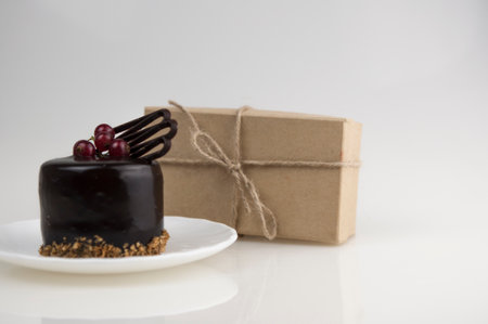 Tasty chocolate cake on white background