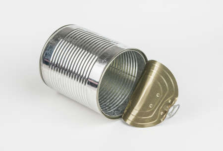 Single empty open aluminum can on white background