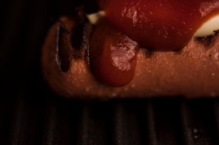Home sausage fried on home electric grillの写真素材