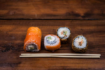 sushi on old wood tableの写真素材