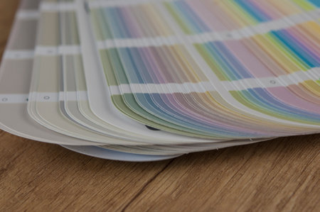 Color guide spectrum swatch samples soft colorful on wood background