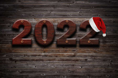 2022 Happy New Year seasonal background with real wood background. Aged parquet of pine wood for...