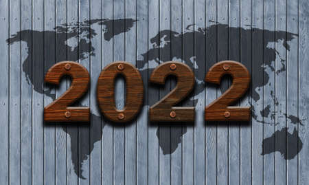 Number 2022 with old wood texture with world map in vintage style. New year concept, holidayの写真素材