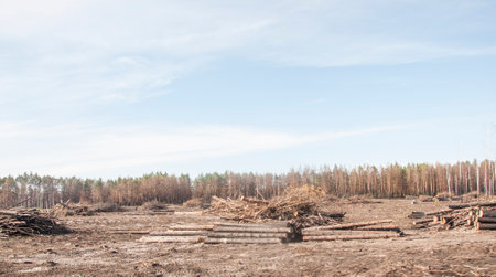 Coniferous forest one year after the fire. Coniferous trees burned down during a fire against a background of green grass. The problem of forest firesの写真素材