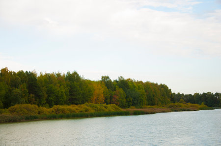 Nice autumn landscape with lakeの写真素材