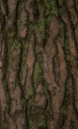 Texture of pine bark covered with moss