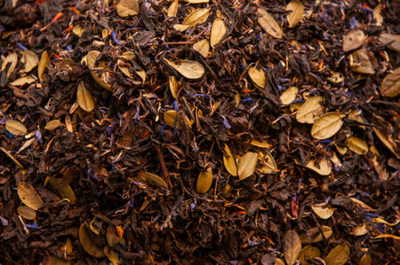 Natural dry herbal teas in the wooden baskets on the street marketの写真素材