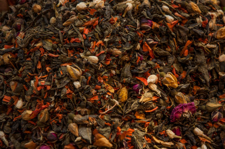 Natural dry herbal teas in the wooden baskets on the street marketの写真素材